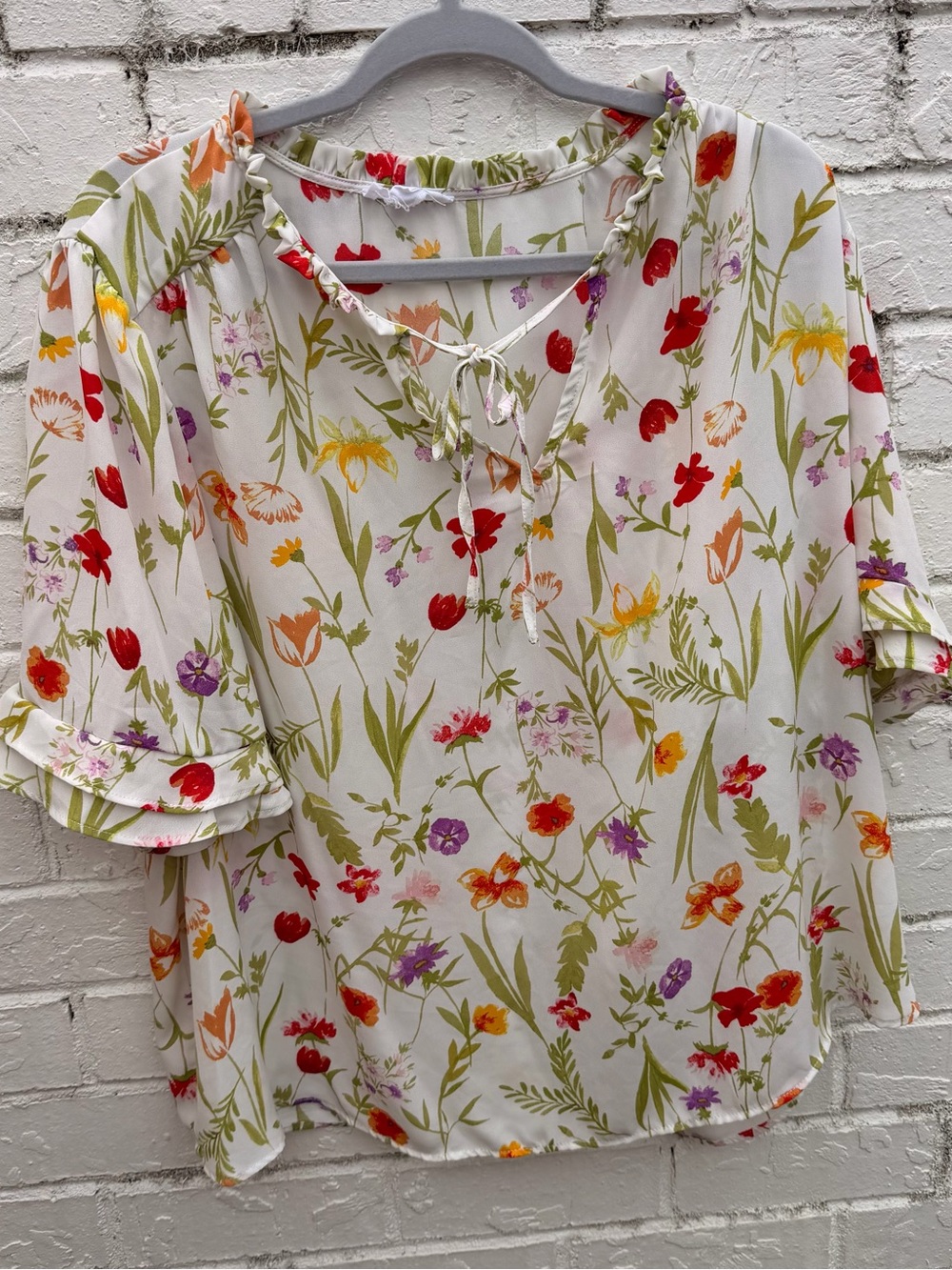 Cynthia Rowley White Floral Tie-Neck Blouse with Red, Orange, Yellow & Green